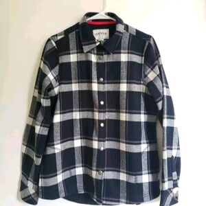 Orvis Women's Sz M Fleece Lined Flannel Snap Up Black Buffalo Check Shirt Jacket